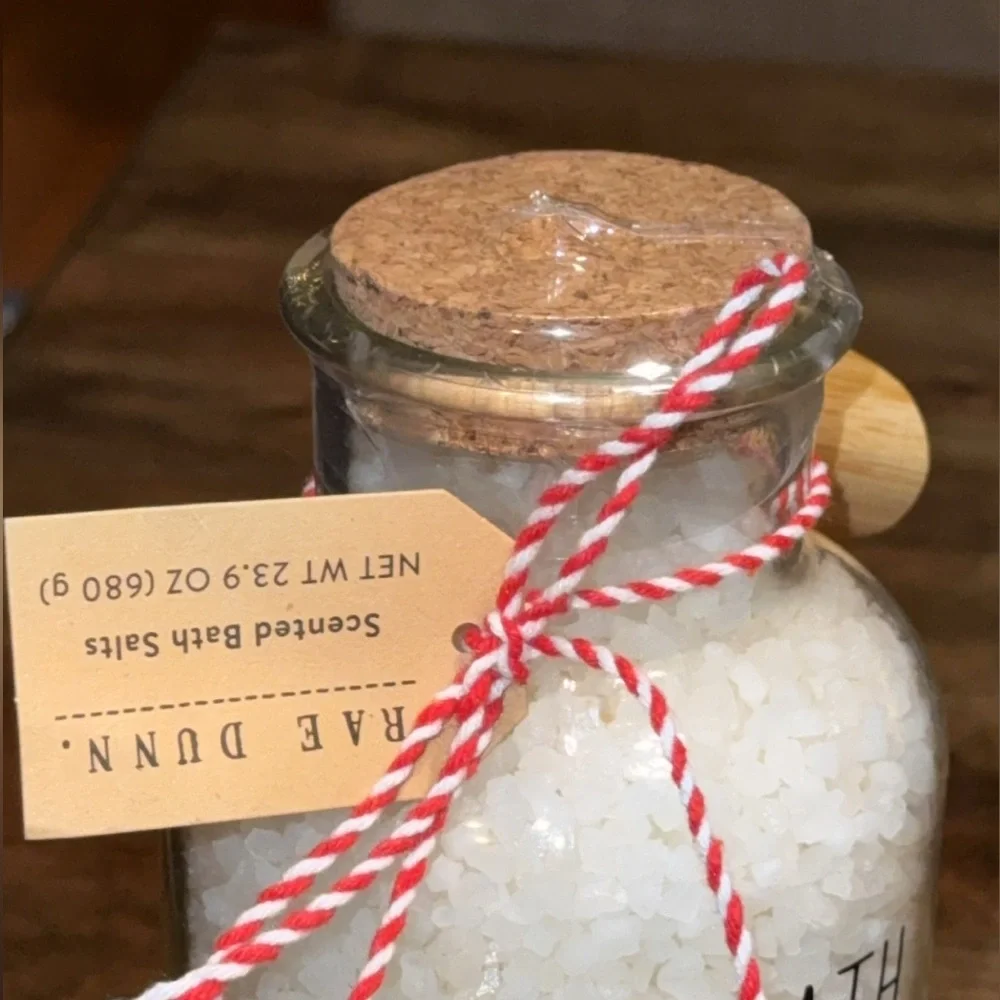 NWT Rae Dunn 2025 Eucalyptus Scented Bath Salts Glass Jar w/wooden scoop 23.9oz